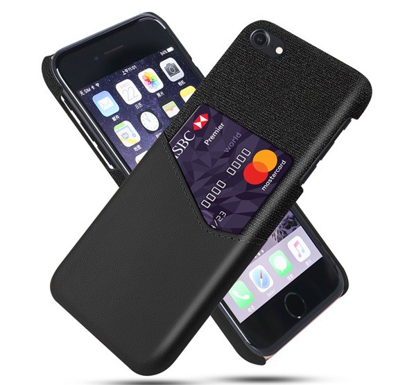 Műanyag telefonvédő (közepesen ütésálló, bankkártya tartó, textil bevonat, bőr hatású hátlap) FEKETE [Apple iPhone SE 3 (2022)]