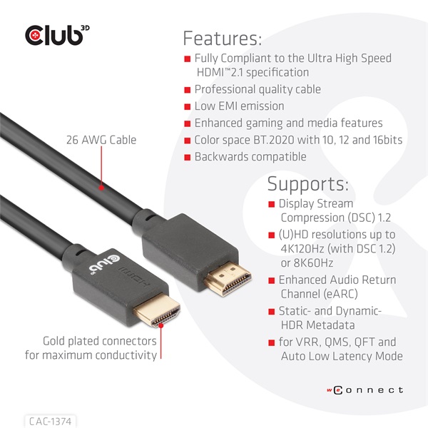 Club3D Ultra High Speed HDMI 4K120Hz, 8K60Hz Cable 48Gbps M/M 4 m  26AWG kábel