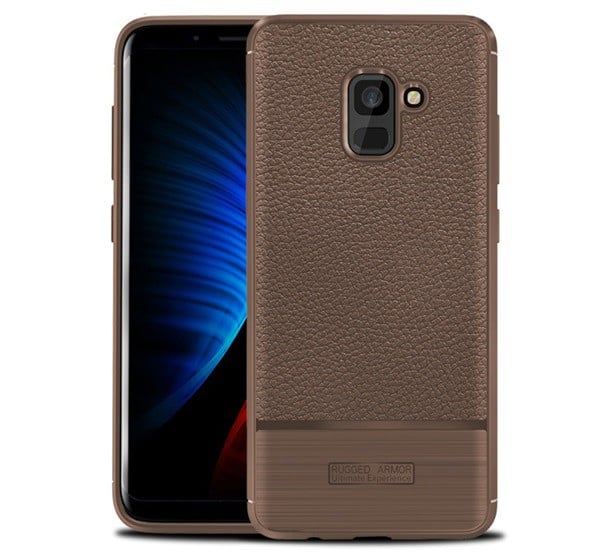 Szilikon telefonvédő (közepesen ütésálló, bőr hatású, szálcsiszolt) BARNA [Samsung Galaxy A8 Plus (2018) SM-A730F]