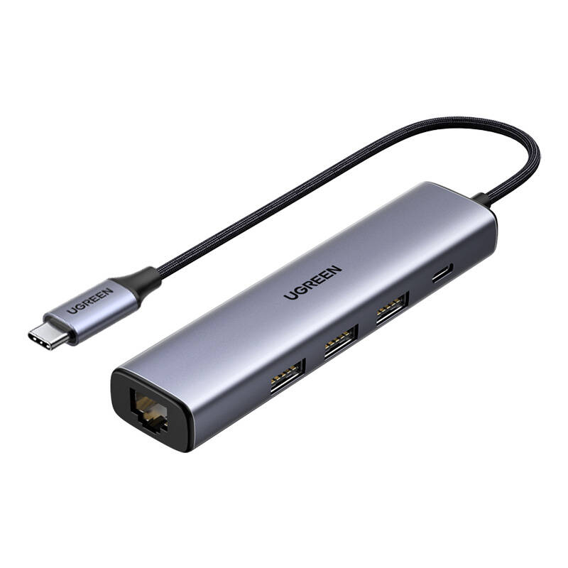 Hub, adapter USB-C to 3x USB-A 3.0 + RJ45 Gigabit UGREEN CM473 (gray)