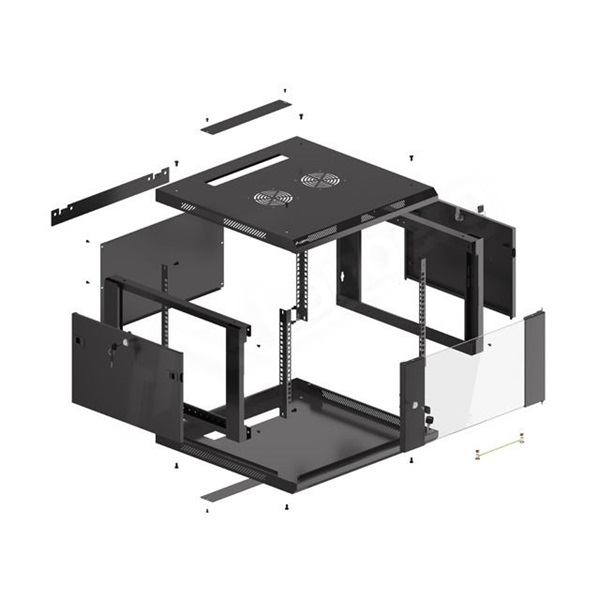 Lanberg WF01-6606-10B 19" 6U SZÉL:600 MÉLY:600 MAG:379 lapraszerelt üvegajtós fekete fali rack szekrény