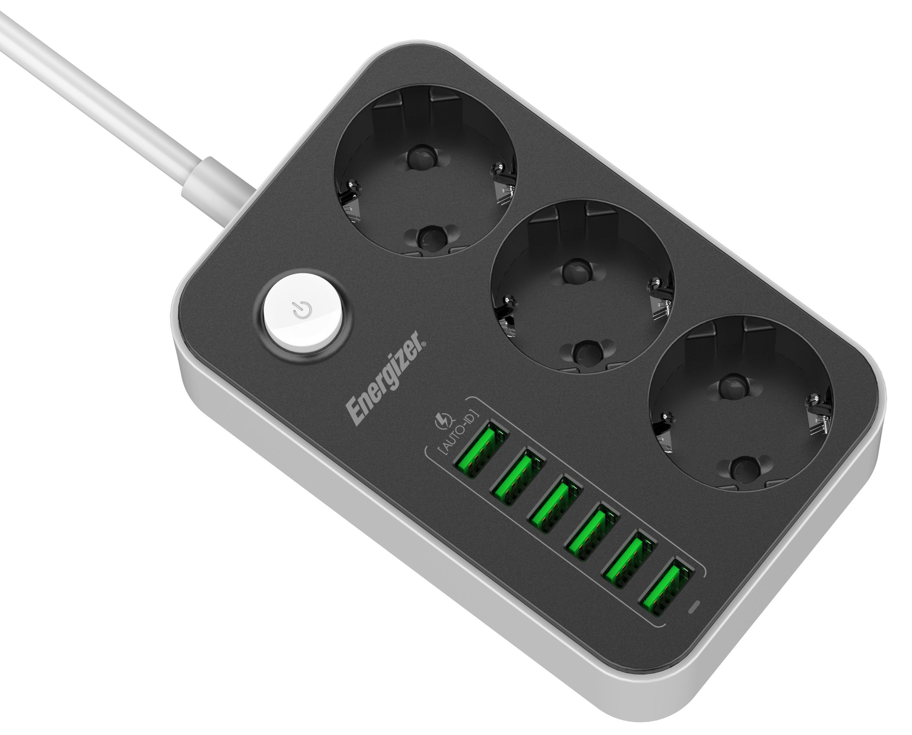 Energizer EPB2500W01EU hálózati elosztó 3db hálózati és 6db USB csatlakozó aljzattal, túlfeszültség védelemmel, 2m (ENE812903)