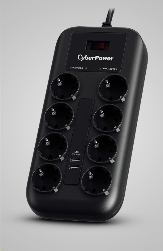 CyberPower P0820SUF0-DE 8 aljzat túlfeszültség védő és USB töltő 2 x 2.4A CyberPower P0820SUF0-DE 8 aljzat túlfeszültség védő és USB töltő 2 x 2.4A