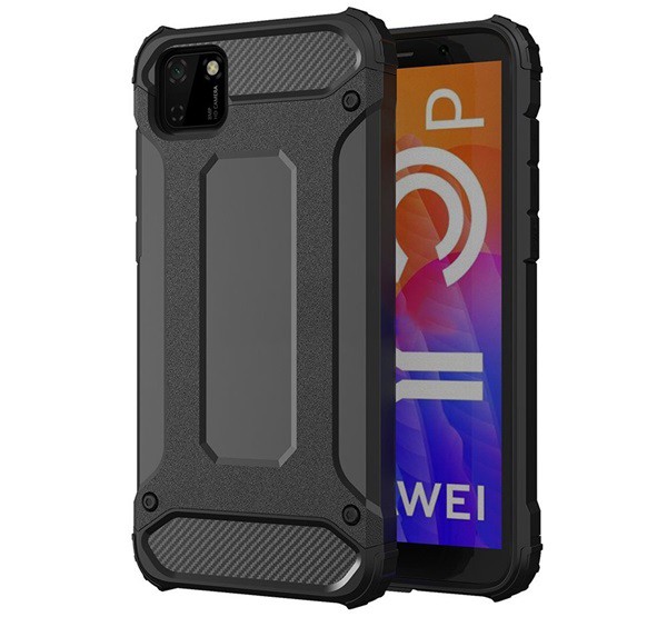 Defender műanyag telefonvédő (közepesen ütésálló, légpárnás sarok, szilikon belső, fémhatás) FEKETE [Honor 9S]