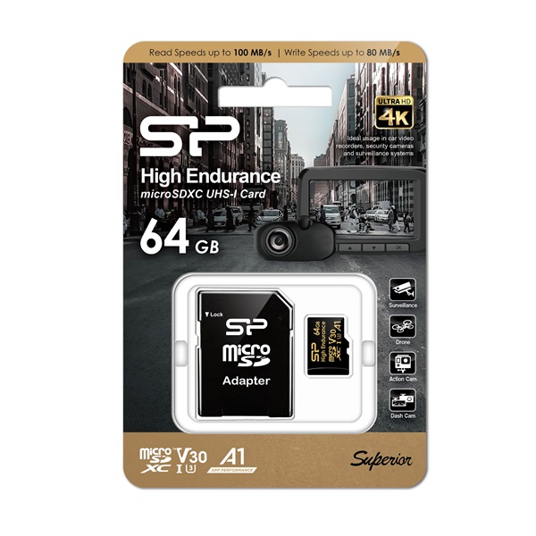 Silicon Power 64GB microSDXC Gold Series High Endurance Class 10 UHS-I U3 V30 A1 + adapterrel