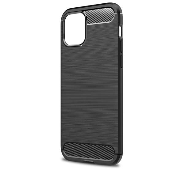 Szilikon telefonvédő (közepesen ütésálló, légpárnás sarok, szálcsiszolt, karbon minta) FEKETE [Apple iPhone 12 mini]