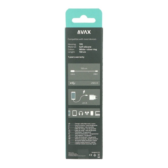  AVAX CB621 CREAMY+ USB A - Type C  1,5m  2.4A gyorstöltő kábel fehér-ezüst  