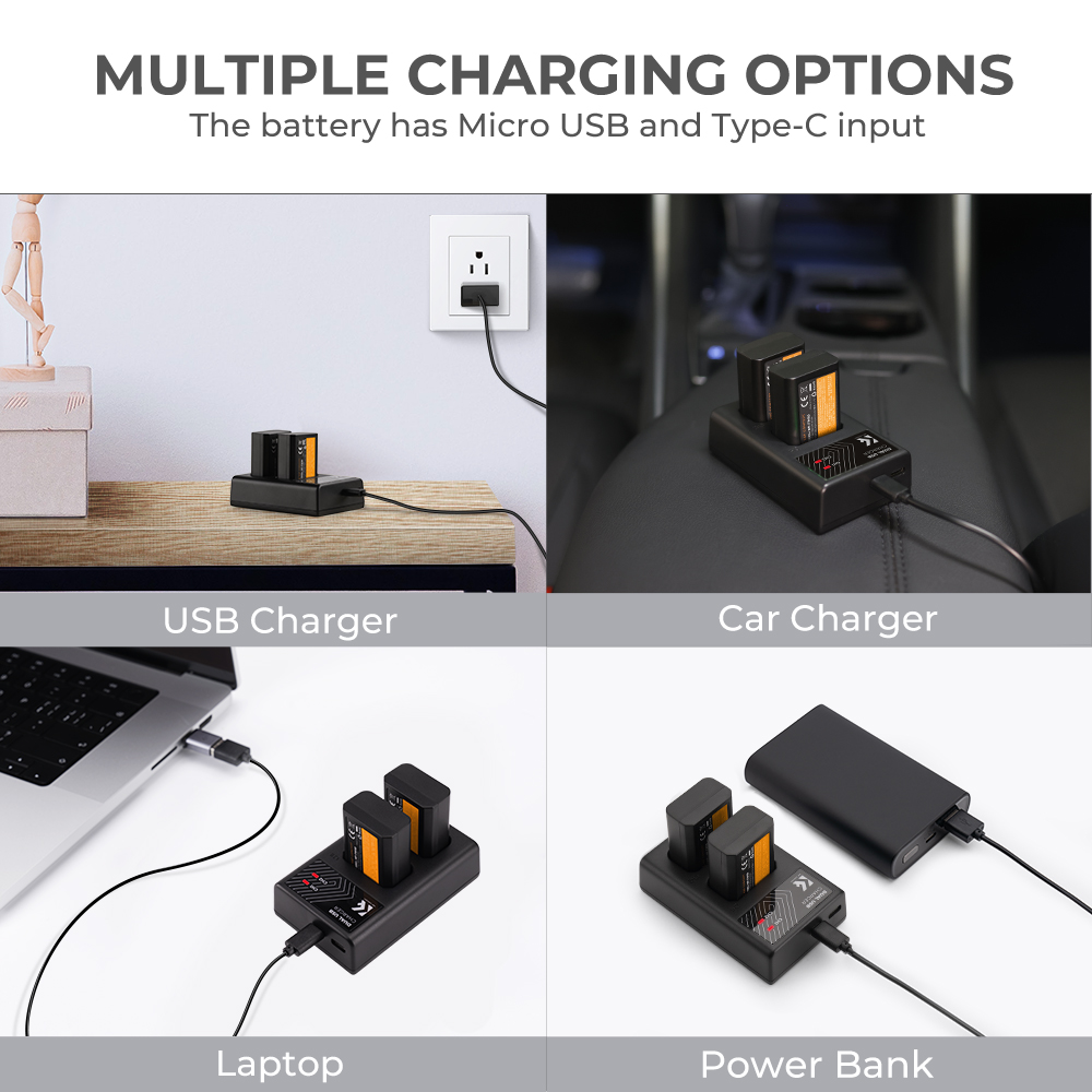 K&F Concept hordozható dupla USB-C akkumulátor BC-TRW töltő + 2db FW50 akkumulátor 1100mAh K&F Concept hordozható dupla USB-C akkumulátor BC-TRW töltő + 2db FW50 akkumulátor 1100mAh