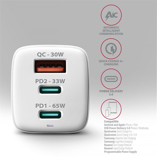 AXAGON ACU-DPQ65W 3x port (USB + dual USB-C), PD3.0/QC4+/PPS/Apple 65W fehér GaN töltő AXAGON ACU-DPQ65W 3x port (USB + dual USB-C), PD3.0/QC4+/PPS/Apple 65W fehér GaN töltő