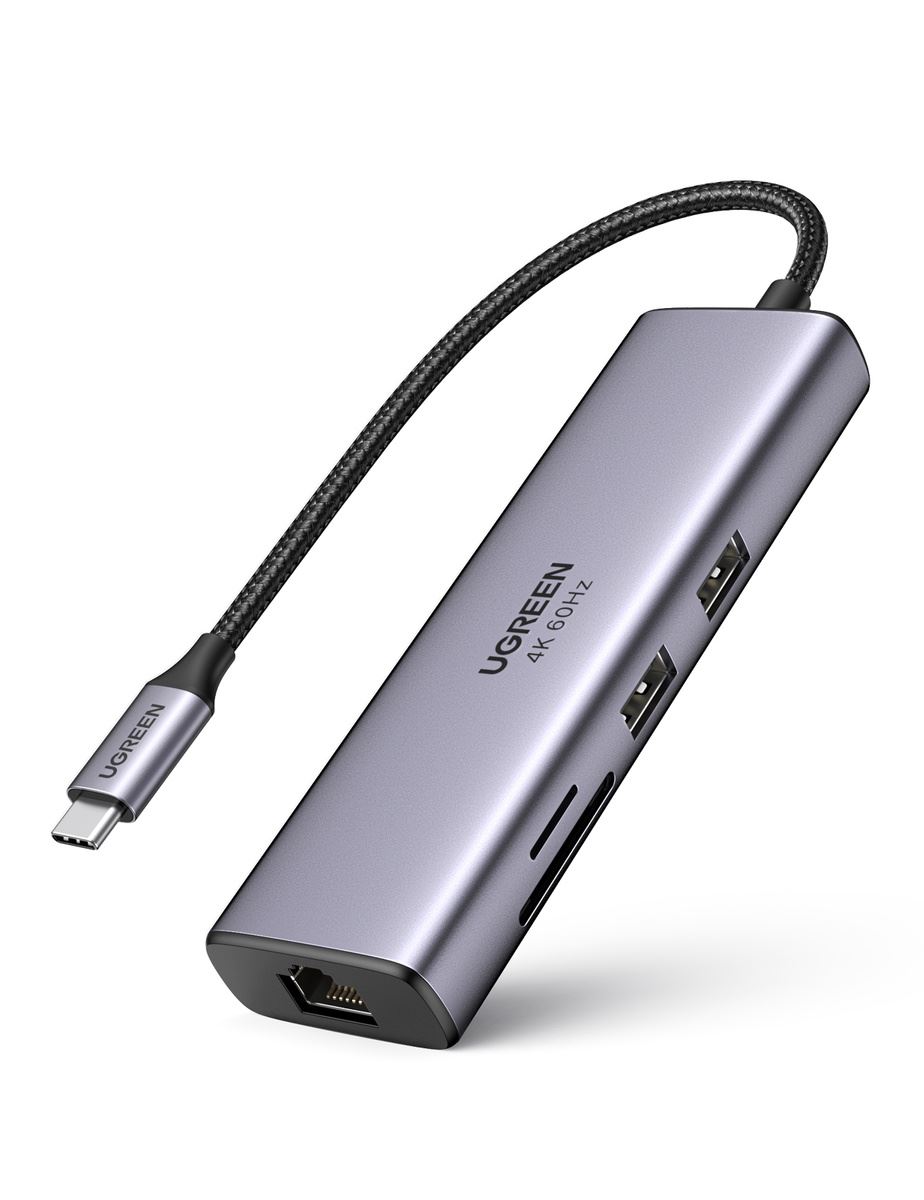 UGREEN CM512 6 az 1-ben USB-C --> 2x USB + HDMI + USB-C + RJ45 + TF/SD adapter szürke (60515)