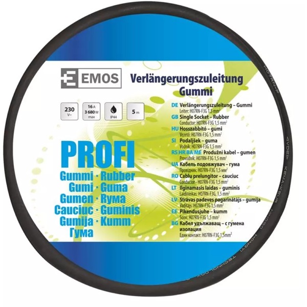 Emos P01805 hosszabbító gumikábellel IP44 3x1.5mm 5m fekete