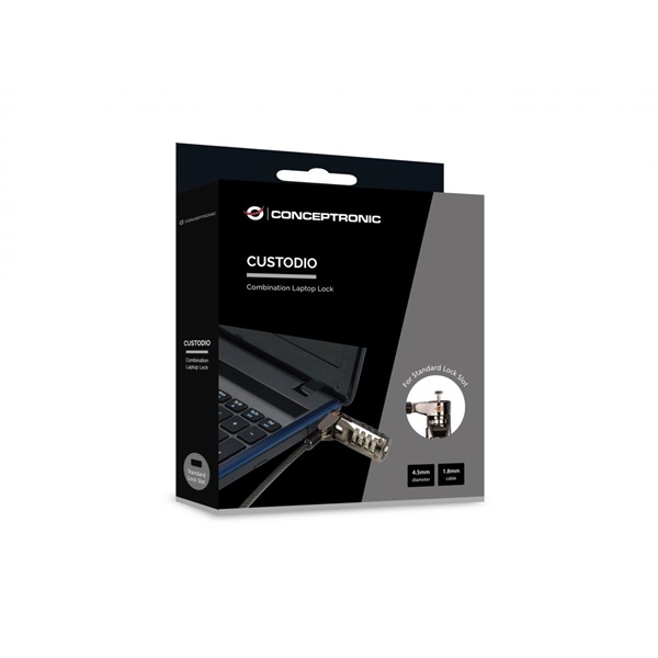 Conceptronic CUSTODIO01BS  Számzáras  Standard Lock Slot 1,8m Notebook Kábelzár  
