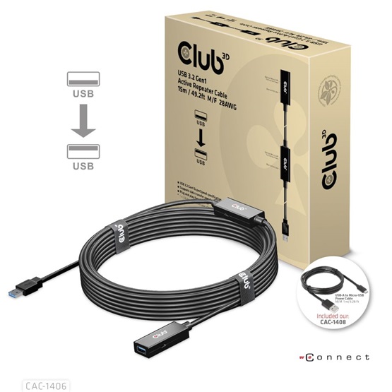 Club3D USB 3.2 Gen1 Active Repeater kábel - 15 m Male/Female Club3D USB 3.2 Gen1 Active Repeater kábel - 15 m Male/Female