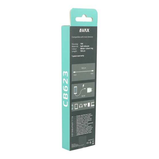 AVAX CB623 CREAMY+ Type C - Type C 60W 1,5m gyorstöltő kábel Fehér-ezüst