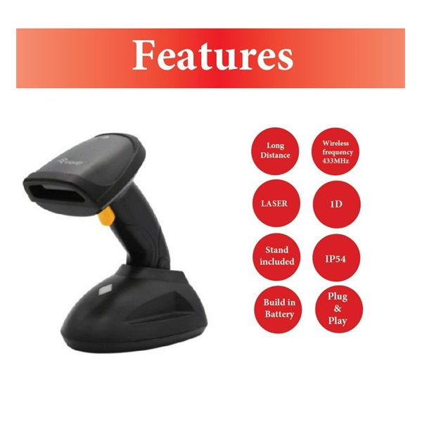 EQuip Wireless 1D Laser Barcode Scanner Long Distance with Stand Vonalkódolvasó Fekete