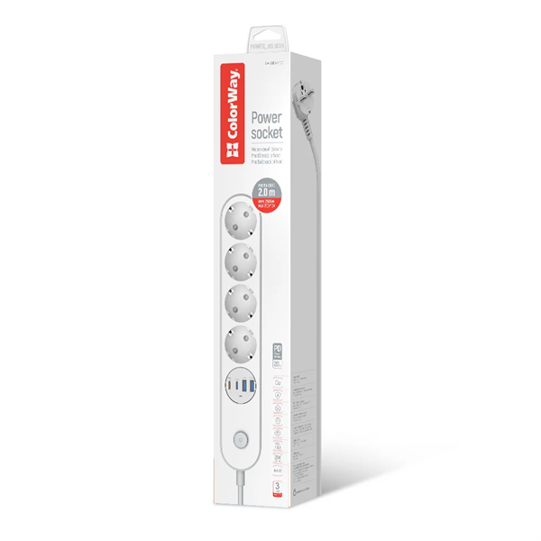 COLORWAY Hálózati elosztó, CW-CHE44PDW, 4 dugalj, 4xUSB (Type-C 2PD20W + 2USB QC3.0) (20 W), 2 m, fehér