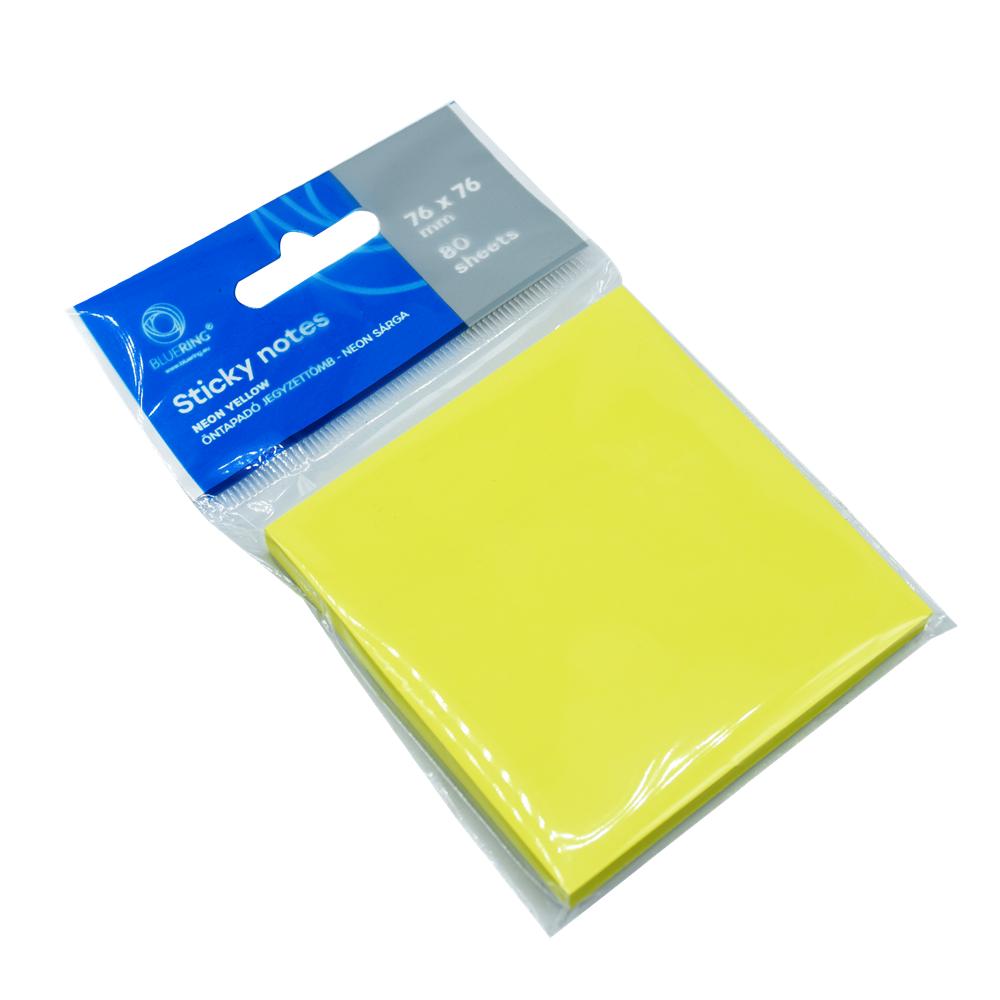 Bluering Jegyzettömb öntapadó, 76x76mm, 80lap,  , neon sárga (JJ50304-3X3)