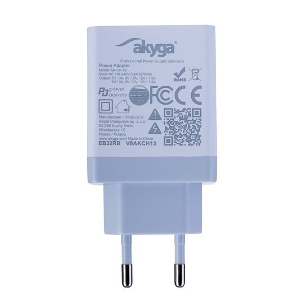 Akyga USB-A+USB-C PD 3A 36W Quick Charge 3.0 hálózati töltő (AK-CH-13)