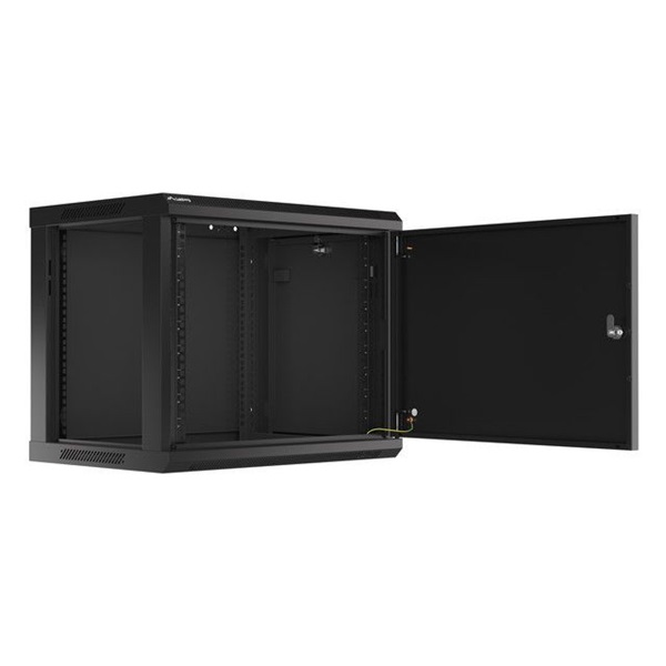 Lanberg WF01-6409-00B 19" 9U SZÉL:600 MÉLY:450 MAG:512 lapraszerelt fémajtós fekete fali rack szekrény