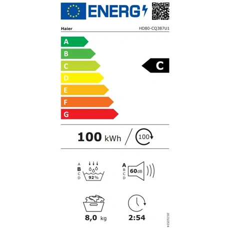 Haier HD80-CQ387U1-S Hőszivattyús szárítógép Fehér/Fekete - 8 kg, C energiaosztály