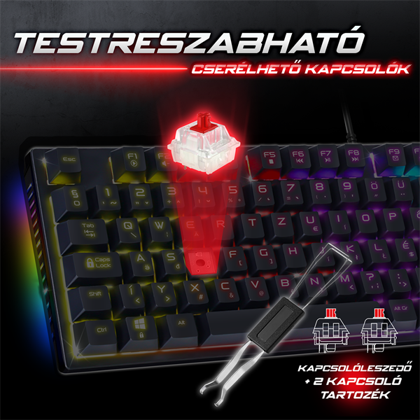 Spirit of Gamer Billentyűzet Mechanikus XPERT K250  105 gomb  SOG red RGB LED USB fekete HU