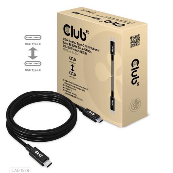  Club3D USB4 Gen3x2 Type-C Bi-Directional   PD 240W(48V/5A) EPR   2m kábel