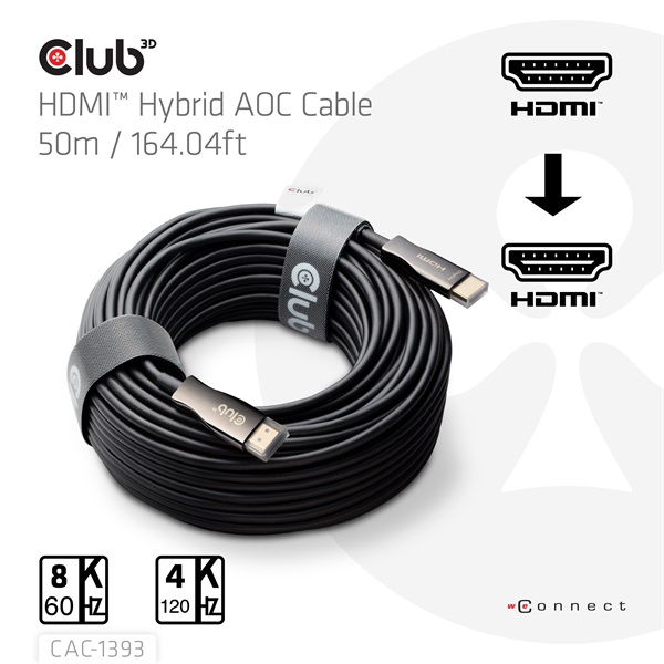 Club3D Kábel -  (HDMI 2.1 Ultra High Speed, Hybrid AOC, 4K120Hz, 8K60Hz, 48Gbps, M/M, 50m) (CAC-1393)