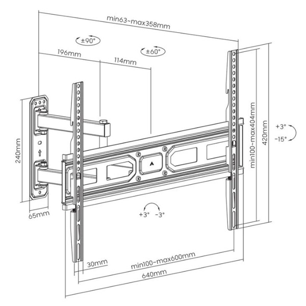Manhattan  Fali, dönthető forgatható max.VESA:600x400 37"-70"-ig 35 kg TV állvány Fekete