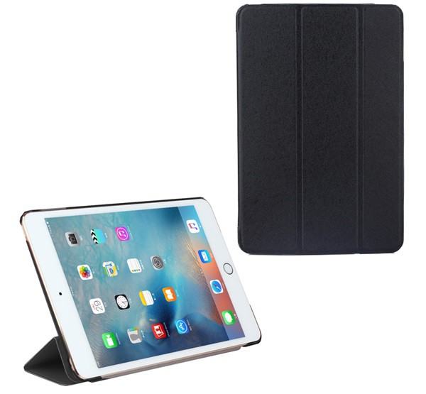 Tok álló, bőr hatású (aktív FLIP, oldalra nyíló, TRIFOLD asztali tartó funkció, textil minta) FEKETE [Apple IPAD 9.7 (2018)]