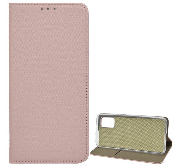 Tok álló, bőr hatású (FLIP, oldalra nyíló, asztali tartó funkció, rombusz minta) ROZÉARANY [Samsung Galaxy A02s (SM-A025F)]