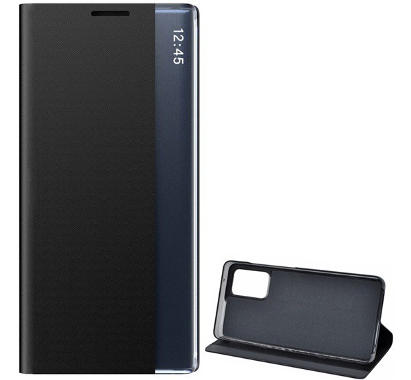 Tok álló, textil hatású (aktív FLIP, oldalra nyíló, asztali tartó funkció, Smart View Cover) FEKETE [Samsung Galaxy A72 5G (SM-A726F)]