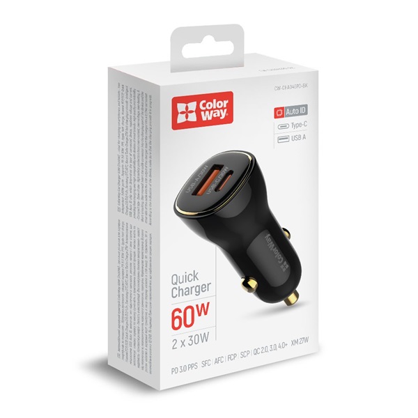 COLORWAY  CW-CHA046PD-BK Power Delivery Port PPS USB (USB-A + USB-C) (60 W) Autós töltő Fekete