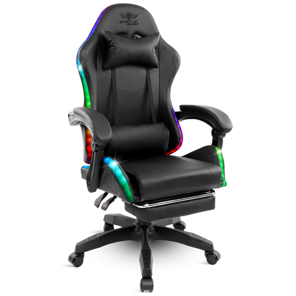 Spirit of Gamer SIRIUS RGB állítható dőlés/magasság kihajtható lábtartó max.120kg-ig Gamer  szék    Fekete