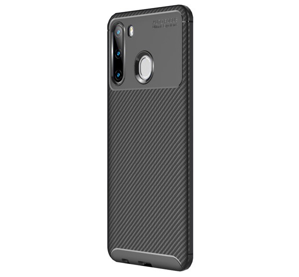 Szilikon telefonvédő (közepesen ütésálló, légpárnás sarok, karbon minta) FEKETE [Samsung Galaxy A21 (SM-A210F)]