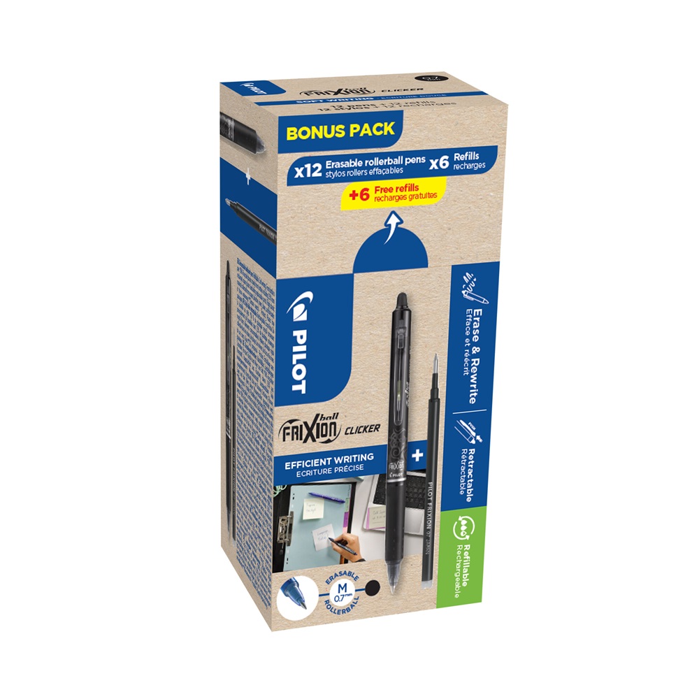 PILOT Rollertoll 0,5mm, törölhető  Frixion Clicker GreenPack, 12 toll + 12betét, írásszín fekete (BLRT-GREENPACK-B)