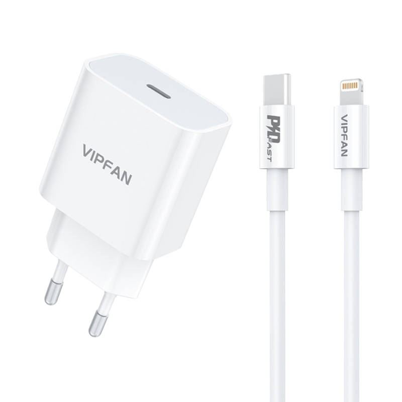 Vipfan E04 fali töltő USB-C, 20W, QC 3.0 + USB-C - Lightning kábel fehér (E04-CL)