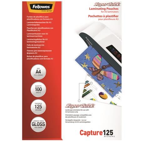 Fellowes SuperQuick Meleglamináló fólia, A4, 125 mikron fényes, 100 db (5440101) Fellowes SuperQuick Meleglamináló fólia, A4, 125 mikron fényes, 100 db (5440101)