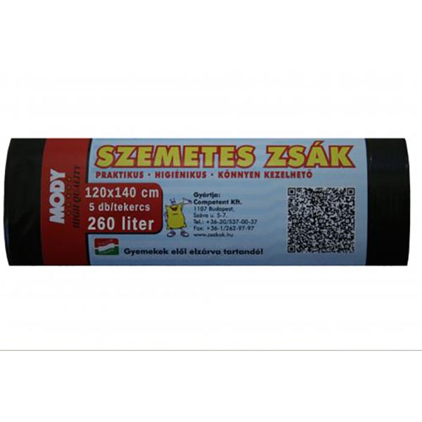 Mody 260l 120x140cm 40 mikr. 5 db/csomag háztartási szemeteszsák Mody 260l 120x140cm 40 mikr. 5 db/csomag háztartási szemeteszsák