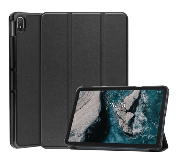 Tok álló, bőr hatású (aktív FLIP, oldalra nyíló, TRIFOLD asztali tartó funkció) FEKETE [Nokia T20 LTE]