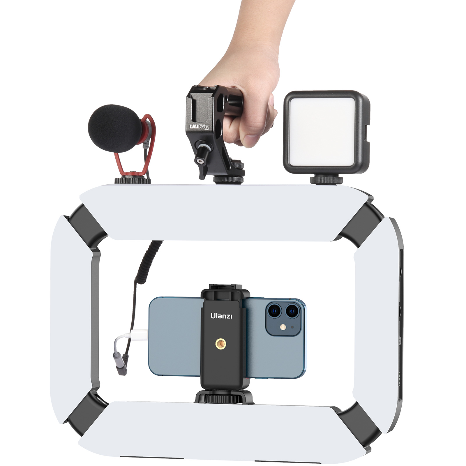 Ulanzi U200 vlogger rig, beépített LED világítással, telefon tartóval, 3 vakupapucs csatlakozóval