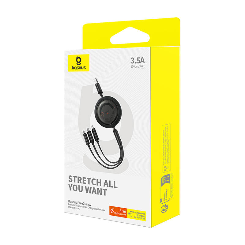 Baseus Free2Draw USB micro USB+USB-C+Lightning, 3.5A 1.1m Gyors töltőkábel 3in1 Fekete 