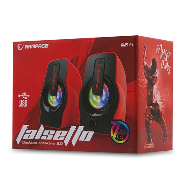 Rampage Hangszóró 2.0  RMS-G7 Falsetto  6W RMS hangerőszabályzó  3,5mm jack  USB  RGD LED  Piros 