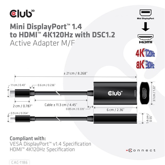  Club3D Mini DisplayPort 1.4 to HDMI 4K120Hz with DSC1.2 Active Adapter M/F