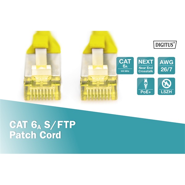 RJ45 Hálózat Csatlakozókábel CAT 6A S/FTP 1.00 m Sárga Halogénmentes, sodort érpár, Védővel, Lángálló Digitus RJ45 Hálózat Csatlakozókábel CAT 6A S/FTP 1.00 m Sárga Halogénmentes, sodort érpár, Védővel, Lángálló Digitus