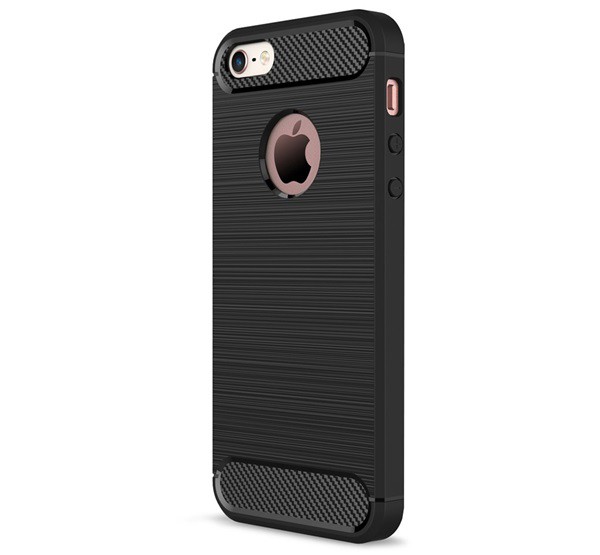 Szilikon telefonvédő (közepesen ütésálló, légpárnás sarok, szálcsiszolt, karbon minta, logo kivágás) FEKETE [Apple iPhone SE (2016)]