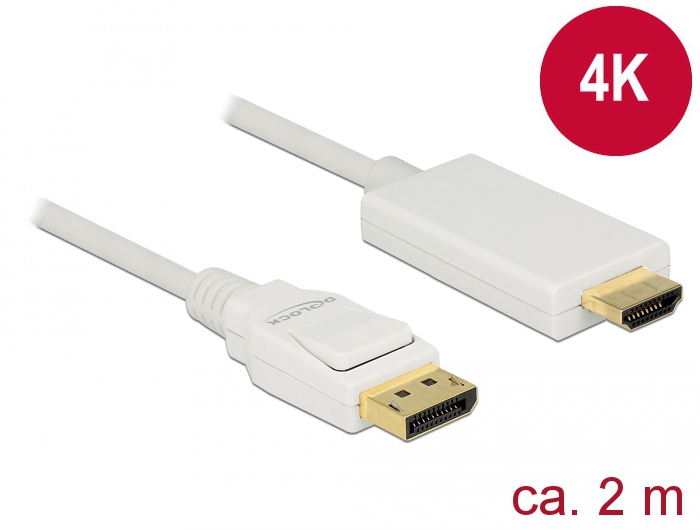 Delock Kábel Displayport 1.2 dugó > High Speed HDMI-A dugó passzív 4K 2 m fehér (83818) Delock Kábel Displayport 1.2 dugó > High Speed HDMI-A dugó passzív 4K 2 m fehér (83818)
