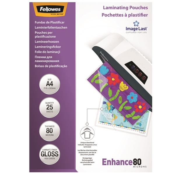 Fellowes A4 80 mikron, 25 db/csomag fényes lamináló fólia Fellowes A4 80 mikron, 25 db/csomag fényes lamináló fólia