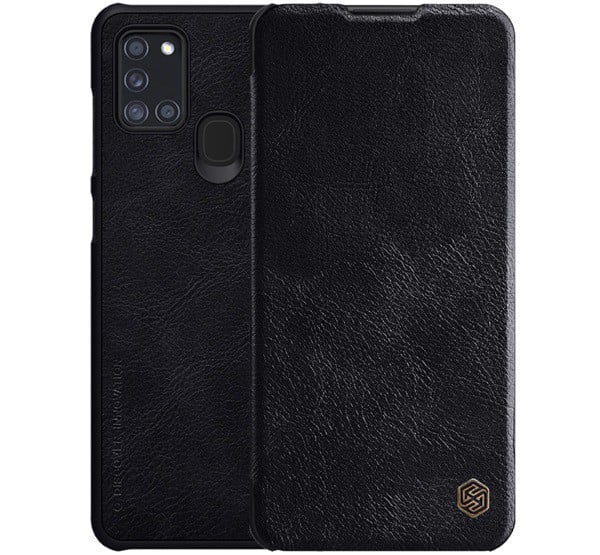 NILLKIN QIN tok álló, bőr hatású (FLIP, oldalra nyíló, bankkártya tartó) FEKETE [Samsung Galaxy A21s (SM-A217F)]