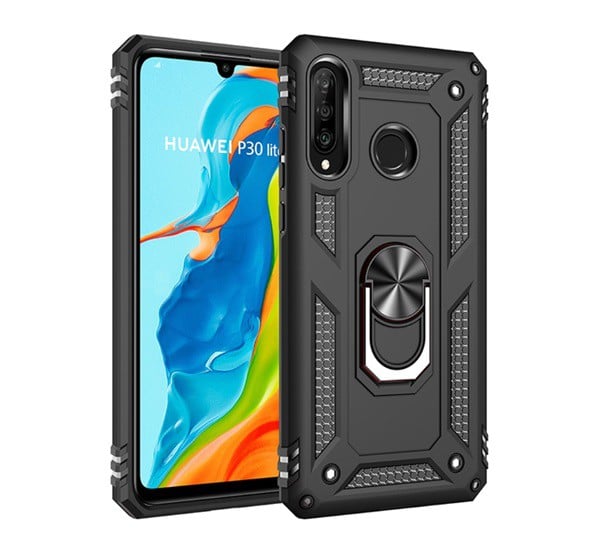 Defender műanyag telefonvédő (közepesen ütésálló, szilikon belső, telefontartó gyűrű, beépített fémlemez) FEKETE [Huawei P30 Lite ...