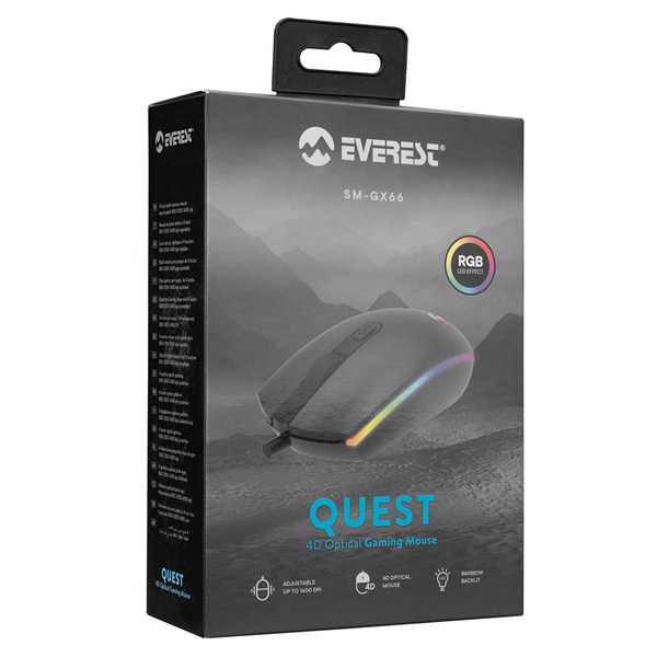 Everest   SM-GX66  1600 DPI  4gomb 1,25m harisnyázott kábel optikai   RGB LED Gamer Egér fekete